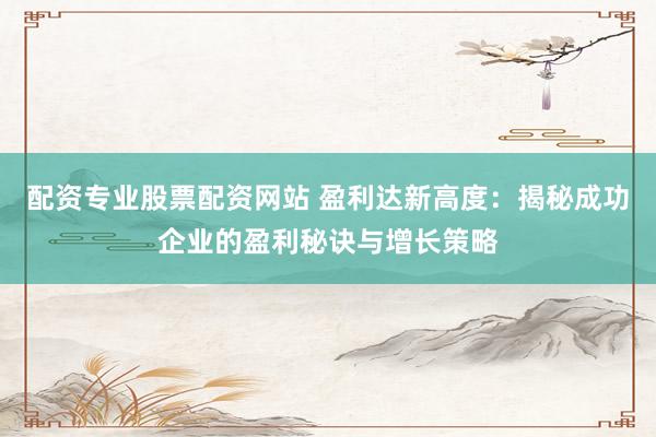 配资专业股票配资网站 盈利达新高度:揭秘成功企业的盈利秘诀与增长策略