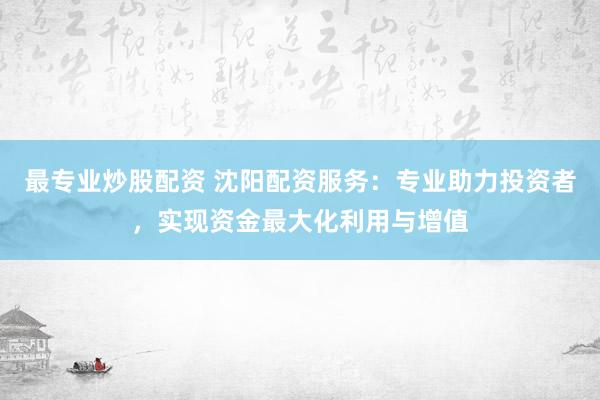 最专业炒股配资 沈阳配资服务：专业助力投资者，实现资金最大化利用与增值